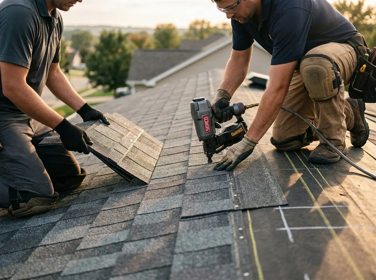 Professional roofer working on a residential roof in Kewanee